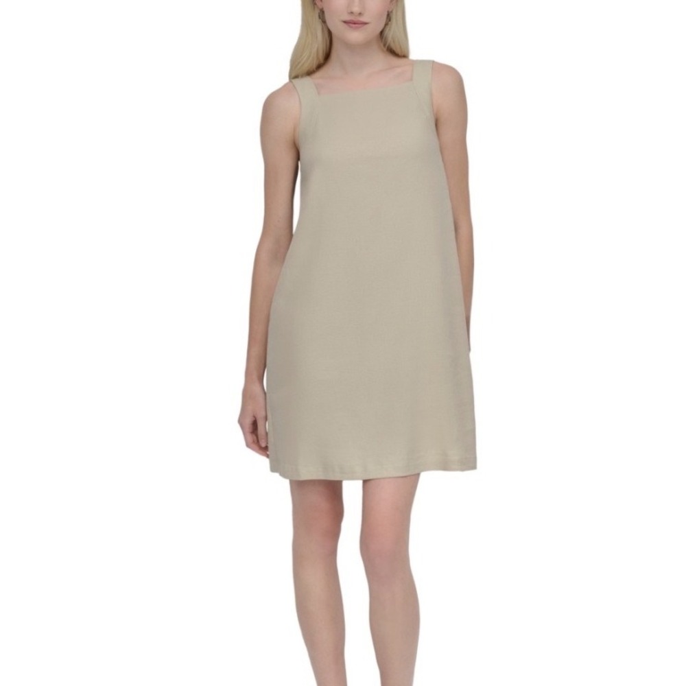DKNY Linen Blend Shift Dress Women 12 NWT Tan Square Neck Tie Back MSRP $129